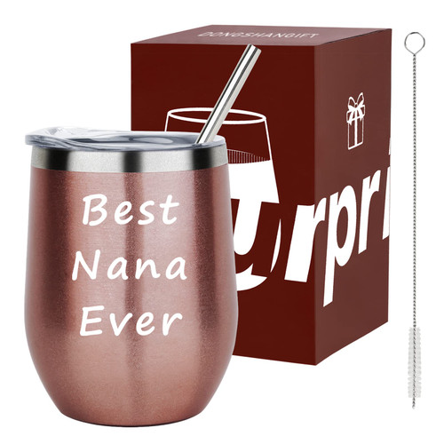 Best Nana Ever Wine Tumbler Best Nana Tumbler Nana Gifts Mothers Day Gifts for Nana Grandma from Granddaughter Grandkids Grandson 12 Ounce with Lid Straw and Gift Box Rose Gold