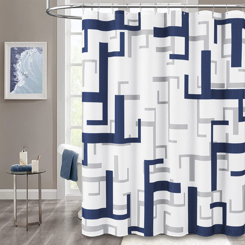 BTTN 96 Inches Extra Long Shower Curtain - Geometric Waffle Weave Thick Fabric Shower Curtain Set with Hooks, Large Spa Modern Decorative Neutral Cloth Shower Curtains for Bathroom - 72x96, Navy Blue