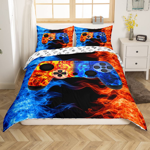 Erosebridal Flame Gaming Bedding Sets for Boys Twin,Teens Wolf Gamer Room Decor Duvet Cover Game Console Comforter Cover,Kids Gamepad Video Games Bedroom Decor,Blue Orange