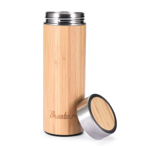 Bruntmor Premium Bamboo Tumbler with Tea Infuser - Vacuum Insulated Thermos for Tea, Coffee - Infusing Stainless Portable Thermal Travel Mug with Filter for Loose Leaf, Leak Proof Lid