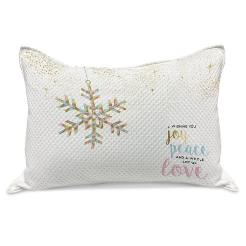 Ambesonne Joy Knitted Quilt Pillowcover, Christmas Pattern with Polygonal Snowflake with Peace Love Words Ornate, Standard Queen Size Pillow Cover for Bedroom, 30" x 20", Pale Pink Pale Blue