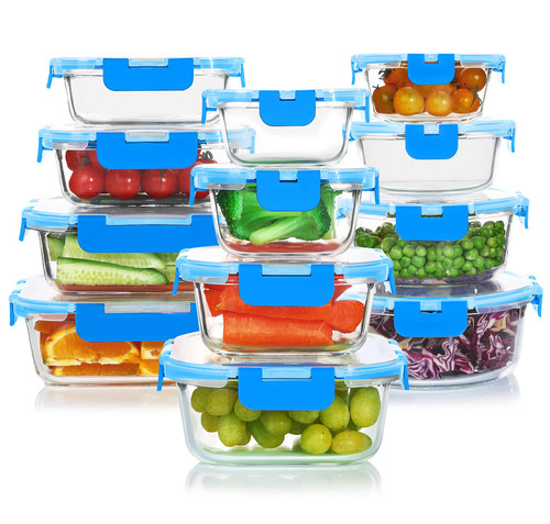 KOMUEE 24 Pieces Glass Food Storage Containers Set,Glass Meal Prep Containers Set with Lids-Stackable Airtight Glass Storage Containers with lids,BPA Free,Freezer to Oven Safe,Blue