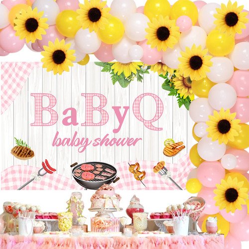 BBQ Baby Shower Decorations for Girls, Baby Q Party Decorations with Pink Baby Shower Balloon Garland Kit Backdrop Simulation Sunflower for Girl Baby Shower Birthday Party