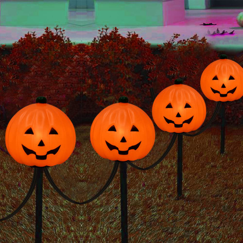 C7 Halloween Pumpkin Pathway Stake Lights, 7 Ft Halloween Pathway String Lights with 4 C7 Bulbs, Stake, Halloween Decorations Driveway Markers Lights for Outdoor Holiday Garden Walkway Party Lighting