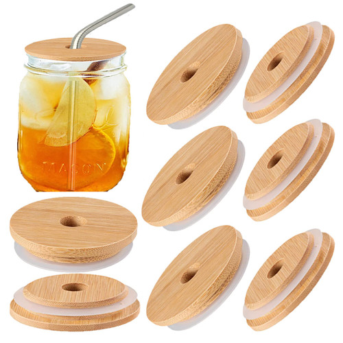 8Pcs Bamboo Jar Lids with Straw Hole Reusable Bamboo Jar Lids for Regular Mouth Mason Jar 70mm (8Pcs?70mm)