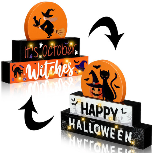 Thyle 3 Layered Halloween Wooden Block Sign with Led Light Glowing Wood Sign Halloween Decorations for Home Mantel Halloween Table Decor Scary Light up Centerpieces for Home Tabletop Tiered Tray Decor