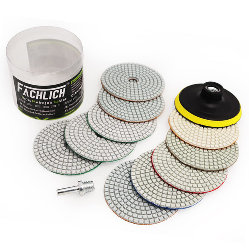 FACHLICH Wet Diamond Polishing Pads,4 inch 12pcs/set Mixed Grits for Granite,Marble,Quartz Stone Countertop,Sanding Grinder or Polisher Pads
