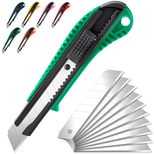 TIFICAL Box Cutter Utility Knife, Auto-Lock Box Cutter Retractable, 18 MM Wide Blade Box Knife, Smooth Mechanism & Ergonomic Handle, Box Cutters Retractable Heavy Duty with 10 Snap-Off Blades (Green)