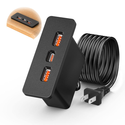 Recessed USB Hub Block Charging Station with PD 20W USB C, 3 in 1 Recessed USB Power Strip Outlet Fast Charging Mounted into Bed Desk Table Sofa