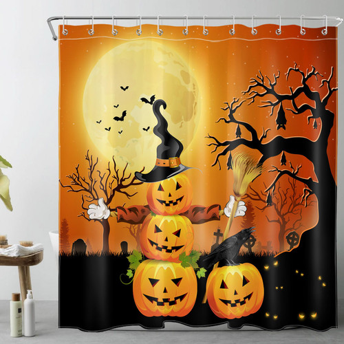 LB Scary Halloween Shower Curtain for Bathroom,Orange Pumpkin Witch Hat and Broom Fabric Shower Curtain with Hooks,Night Forest Full Moon Bathroom Curtain Shower Set, 72x72 inches