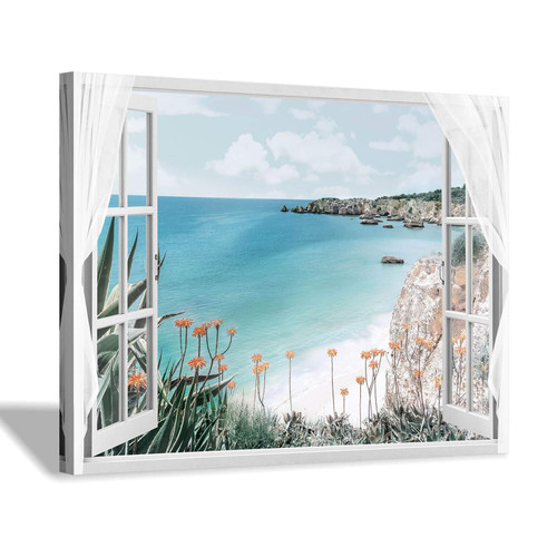 Hardy Gallery Coastal Painting Seascape Wall Art: Open Window View Picture Blue Ocean & Beach Artwork on Canvas for Bedroom (16'' x 12'' x 1 Panel)