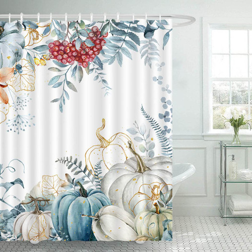 Juirnost Fall Pumpkins Shower Curtain Blue Leaves White Pumpkin Thanksgiving Day Shower Curtain for Bathroom Bathtubs Decor Washable Fabric 72"x72" with 12 Hooks