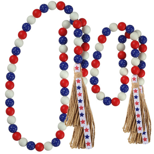 Patriotic Wood Bead Garland,YuanDe 2pcs 4th of July American Wooden Beads String Jute Rope Tassel,Farmhouse Rustic Hanging Bead Garland for Memorial Independence Day Vase Tiered Tray Wall Decor Gift