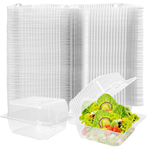 UEJYWUY 200 PCS Clear Hinged Plastic Food Containers with Lids, Square Disposable Plastic Clamshell Take Out Container, Individual Cake Slice Containers for Hamburger, Sandwiches, Cake, Salads
