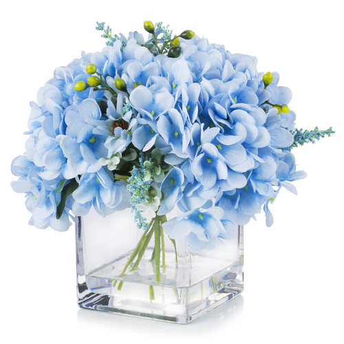 ENOVA FLORAL Blue Hydrangea Artificial Flowers with Vase Home Decor Indoor, Silk Hydrangea Artificial Flowers in Vase with Faux Water for Dining Table Decorations, Wedding (Blue)