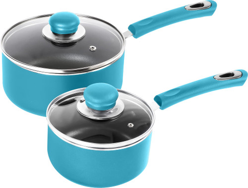 Utopia Kitchen Nonstick Saucepan Set - 1 Quart and 2 Quart - Glass Lid - Multipurpose Use for Home Kitchen or Restaurant (Turquoise-Black)