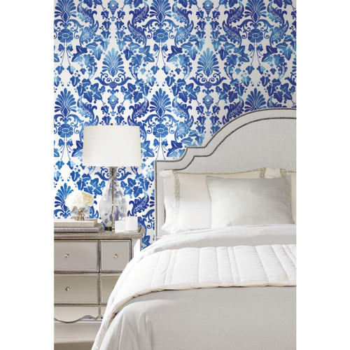 RoomMates RMK11597RL Blue Vine Damask Peel and Stick Wallpaper