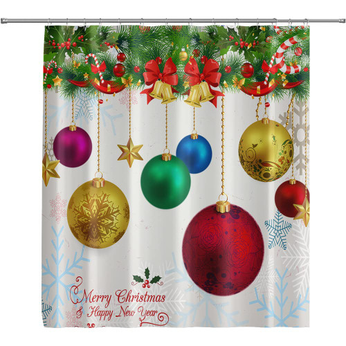 QZJDX Merry Christmas Shower Curtain for Bathroom Christmas Balls Hanging on Pine Branches for New Year Decor Polyester Fabric Bath Curtains 70"x70"