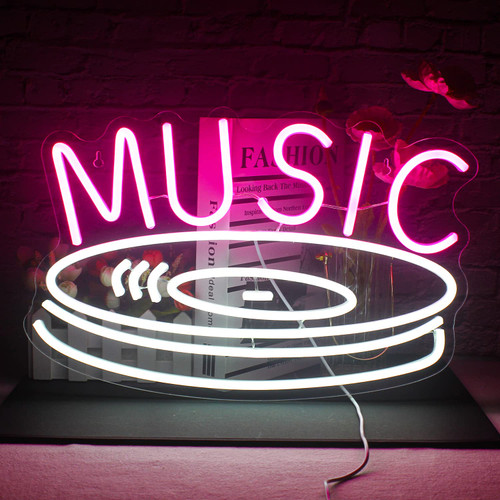 FAXFSIGN Music Record Neon Sign Pink White Led Neon Light Signs for Wall Decor Usb Light Up Signs for Bedroom Studio Music Live Record Store Kids Room Party Decoration