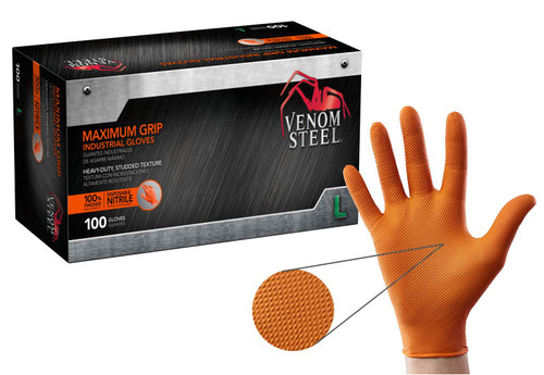 Venom Steel Maximum Grip Nitrile Gloves, 8 Mil Thick, Raised Diamond Texture For Grip, Puncture and Rip Resistant, Hi-Visibility Orange, Large (100 Count)