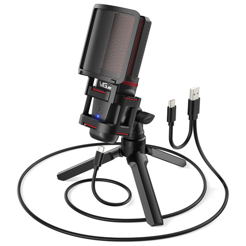 VeGue USB Microphone for PC PS5, Computer Gaming Condenser PC Mic with Quick Mute, Indicator, Tripod Stand, Pop Filter, Shock Mount, for Twitch Streaming, Podcasting, Chatting, Recording, Red VM30