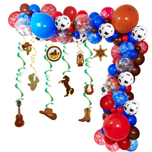 Western Cow boy Party Balloons Arch Garland, Hanging Swirls Cowboy Latex Balloons Red Blue Coffee Confetti Balloon Bandana Pendant for Party Boys and Girls Baby Shower Western-themed Party Supplies