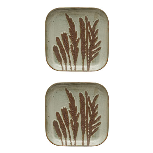 Creative Co-Op Hand-Painted Debossed Stoneware Wax Relief Floral Image, Reactive Glaze, Set of 2 Plate Set, 8" L x 8" W x 1" H, Multicolor