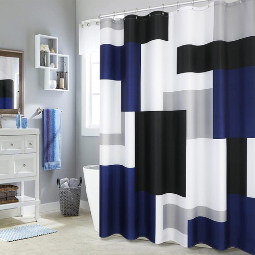 EJODEUH Modern Geometric Shower Curtain Sets with Hooks-Black and White Shower Curtain for Bathroom Fabric Navy Blue Shower Curtain Mid Century Abstract Bath Curtains Decorative Water Repellent 72x78