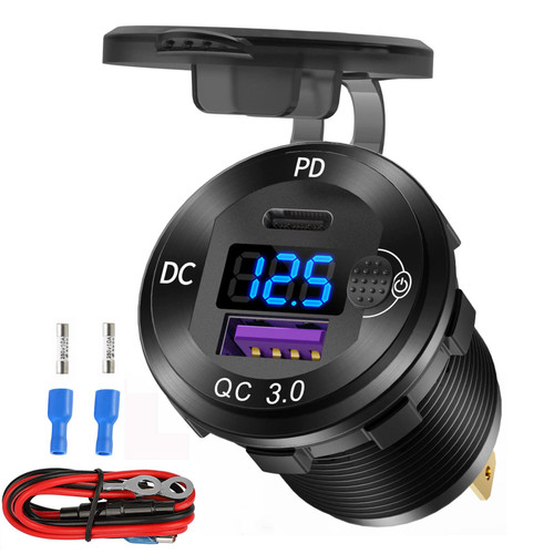 12V USB C Aluminum Car Charger Socket, 12 Volt USB Outlet, PD 20W and Quick Charge 3.0 18W Car USB Port Waterproof with Voltmeter & Power Switch, Suitable for Marine Truck Motorcycle Boat Golf cart RV