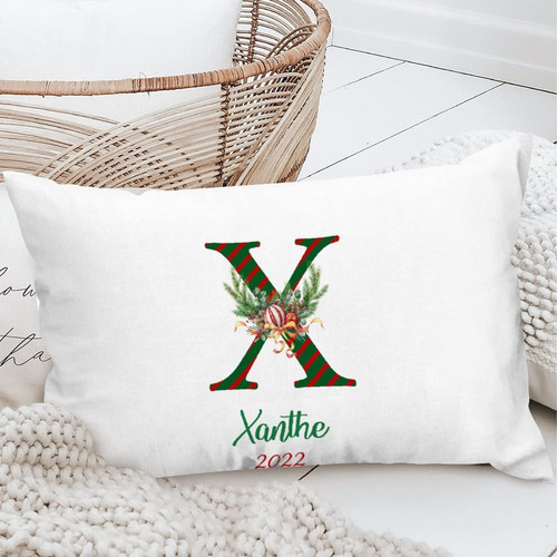 Yinrune Personalized Polyester Throw Pillow Cover Green and Red Stripes Letter Custom Name Rectangle Throw Pillow Cover Holiday Anniversary Wedding Gift for Sofa Couch Chair Bedroom Decor 20x36in