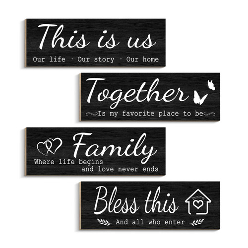 4 Pieces This is Us Our Life Our Story Home Wall Signs Decor Together Bless This Home Sign Rustic Wood Wall Entryway Family Plaque for Bedroom Living Room Decor, 4.7 x 13.7 Inch (Black)