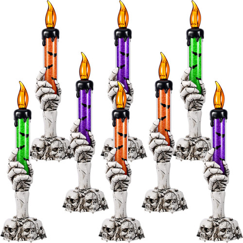 8 Pack Skeleton Hands Hold Lighted Candle Flameless Skeleton Ghost Hand Halloween Candles Light Up LED Skull Candle Skeleton Lamp Decorative Candle Holder Light for Indoor Outdoor Home Decorations