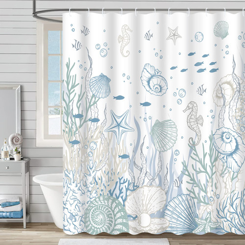 Ikfashoni Extra Long Coastal Shower Curtain, Nautical Seashell Shower Curtain with 12 Hooks, Ocean Themed Beach Bathroom Curtain, Starfish Seahorse Shower Curtains for Bathroom Decor, 72" x 78" Blue