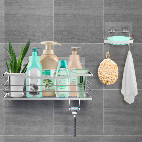ODesign Adhesive Shower Caddy Shelf With Soap Dish Holder for Shampoo Conditioner Sponge Razor Kitchen Bathroom Basket Organizer Wall Mounted Stainless Steel Removable 2 Hooks ODesign Adhesive Shower Caddy Shelf With Soap Dish Holder for Shampoo Conditioner Sponge Razor Kitchen Bathroom Basket Organizer Wall Mounted Stainless Steel Removable 2 Hooks