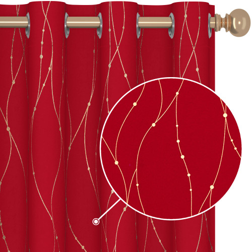 Deconovo Living Room Curtains 72 Inches Long, Red Curtains - Golden Printed Curtains for Home Decor, Light Blocking Blackout Drapes for Bedroom (52W x 72L Inch, Red, 2 Panels)