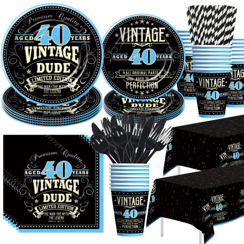 HIPVVILD Vintage 40th Birthday Decorations For Men Tableware - 1983 40th Birthday Party Supplies, Plate, Cup, Napkin, Tablecloth, Cutlery, 40 Year Old Birthday Table Decorations Dinnerware | Serve 24