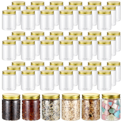 Wesiti 60 Pcs 8 oz Clear Plastic Jars Empty Plastic Storage Containers Refillable Plastic Mason Jars with Metal Golden Lids Transparent Round Canning Jars for Spice Dry Food Honey Herb Kitchen