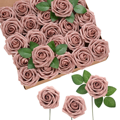 Ling's Moment 50pcs Dusty Rose Artificial Roses Flowers with Stem for DIY Wedding Bouquets Centerpieces Floral Arrangements Decorations