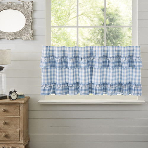 VHC Brands Annie Blue Buffalo Check Farmhouse Ruffled Tier Kitchen Curtain Set 24x37 VHC Brands Annie Blue Buffalo Check Farmhouse Ruffled Tier Kitchen Curtain Set 24x37