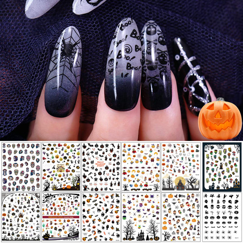 Halloween Nail Art Stickers Decals, HOINCO 12 Sheets Self-Adhesive DIY Nail Sticker Decals 3D Design Nail Decorations for Halloween Party Include Pumpkin/Bat/Ghost/Witch