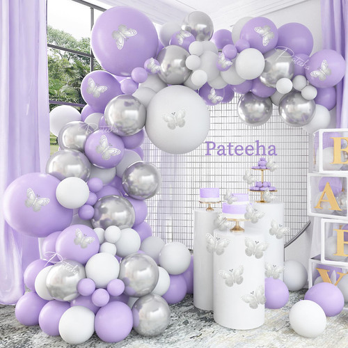Pateeha Purple Balloon Garland Kit 140 Pcs Lavender White Silver Balloon Arch Butterfly Stickers 12Pcs for Birthday Bridal Shower Purple Baby Shower Decorations for Girl