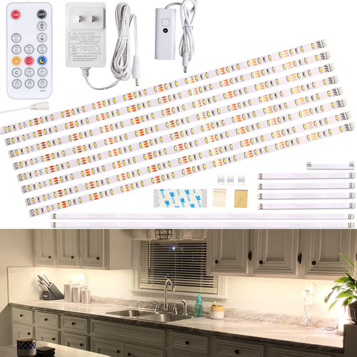 WOBANE Under Cabinet LED Lighting kit, 8PCS LED Strip Lights with Remote Control Dimmer and Adapter, Dimmable for Kitchen Cabinet,Counter,Shelf,TV Back,Showcase 4000K Natural White,1900lm,Timing Off