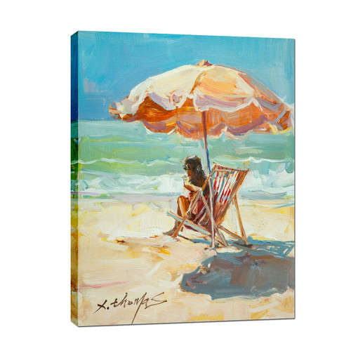 Coastal Canvas Paintings Wall Art -Woman on Chair under Orange Beach Umbrella, Beach Decor Ocean Seascape Artwork Pictures for Living Room Bathroom Bedroom Wall Decor 12x16 Inches