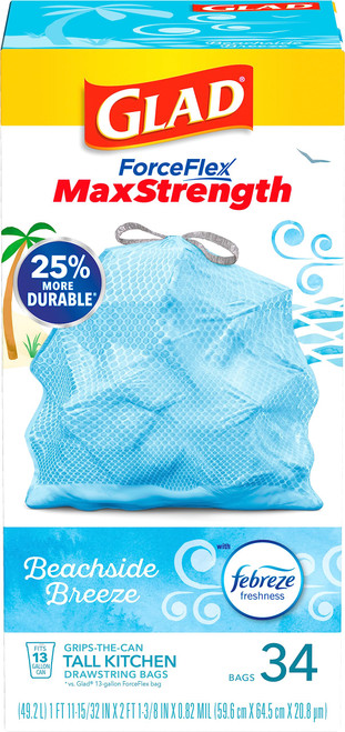 Glad ForceFlex MaxStrength Tall Kitchen Drawstring Trash Bags, 13 Gallon, Beachside Breeze with Febreze Freshness, 34 Count