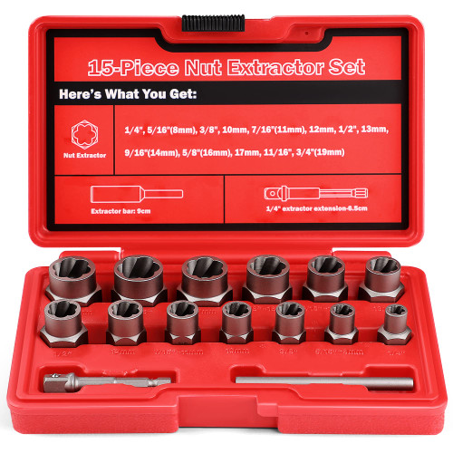 UYECOVE 15-Pcs Bolt Extractor Set, 3/8'' Drive Easy Out Bolt Extractor Set, Stripped Bolt Remover Nut Extractor Set for Damaged, Frozen, Rusted Sockets, Rounded-Off Bolts, Nuts & Screws UYECOVE 15-Pcs Bolt Extractor Set, 3/8'' Drive Easy Out Bolt Extractor Set, Stripped Bolt Remover Nut Extractor Set for Damaged, Frozen, Rusted Sockets, Rounded-Off Bolts, Nuts & Screws