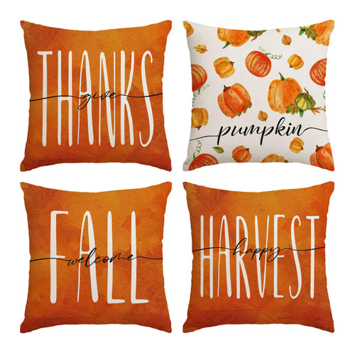 Set of 4 Fall Pillow Covers 16x16 Inch Fall Thanksgiving Pumpkins Throw Pillows Covers Autumn Harvest Decorative Cushion Covers Outdoor Sofa Couch Pillow Cases Fall Halloween Decorations (16 by 16)