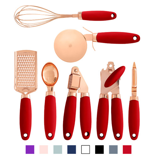 COOK With COLOR 7 Pc Kitchen Gadget Set Copper Coated Stainless Steel Utensils with Soft Touch Red Handles