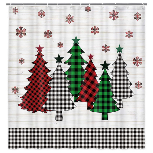 JAWO Christmas Shower Curtain, Farmhouse Christmas Tree and Snowflakes Shower Curtain with Hooks, Rustic Wooden Bathroom Curtain 69W X 70L Inch