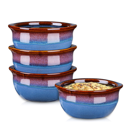Selamica Ceramic 12 oz French Onion Soup Crocks, Small French Onion Soup Bowls for Appetizer Cheese Stews Chili Casserole, Microwave Oven Safe, Christmas Gift, Set of 4, Blue
