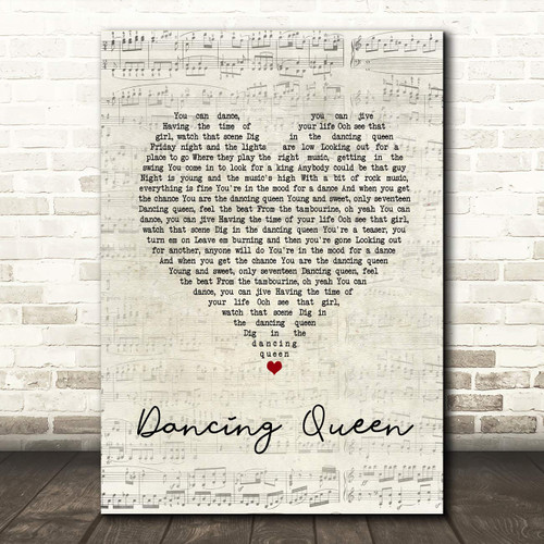 Dancing Queen Script Heart Song Lyric Wall Art Poster Gift Present Print